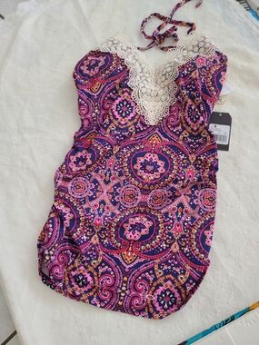 Women’s Purple Paisley Lace-Trim Halter Swimsuit - Unbranded
